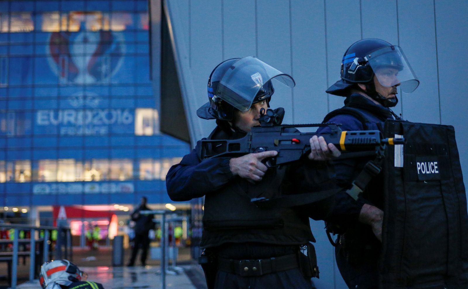 police performing a mock attack drill outside Grand Stade stadium